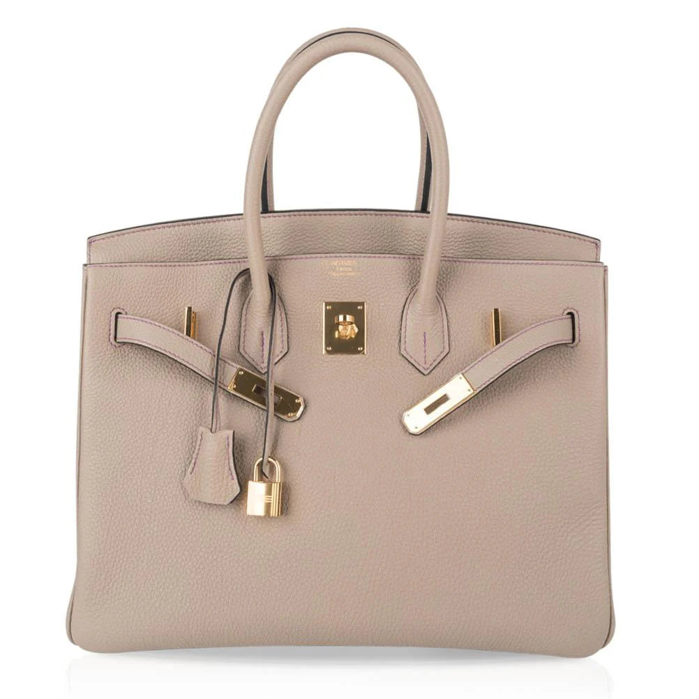 HSS Tri-Color Birkin 35 Gris Tourterelle Blue Paon & Purple Stitching Special Order Bag