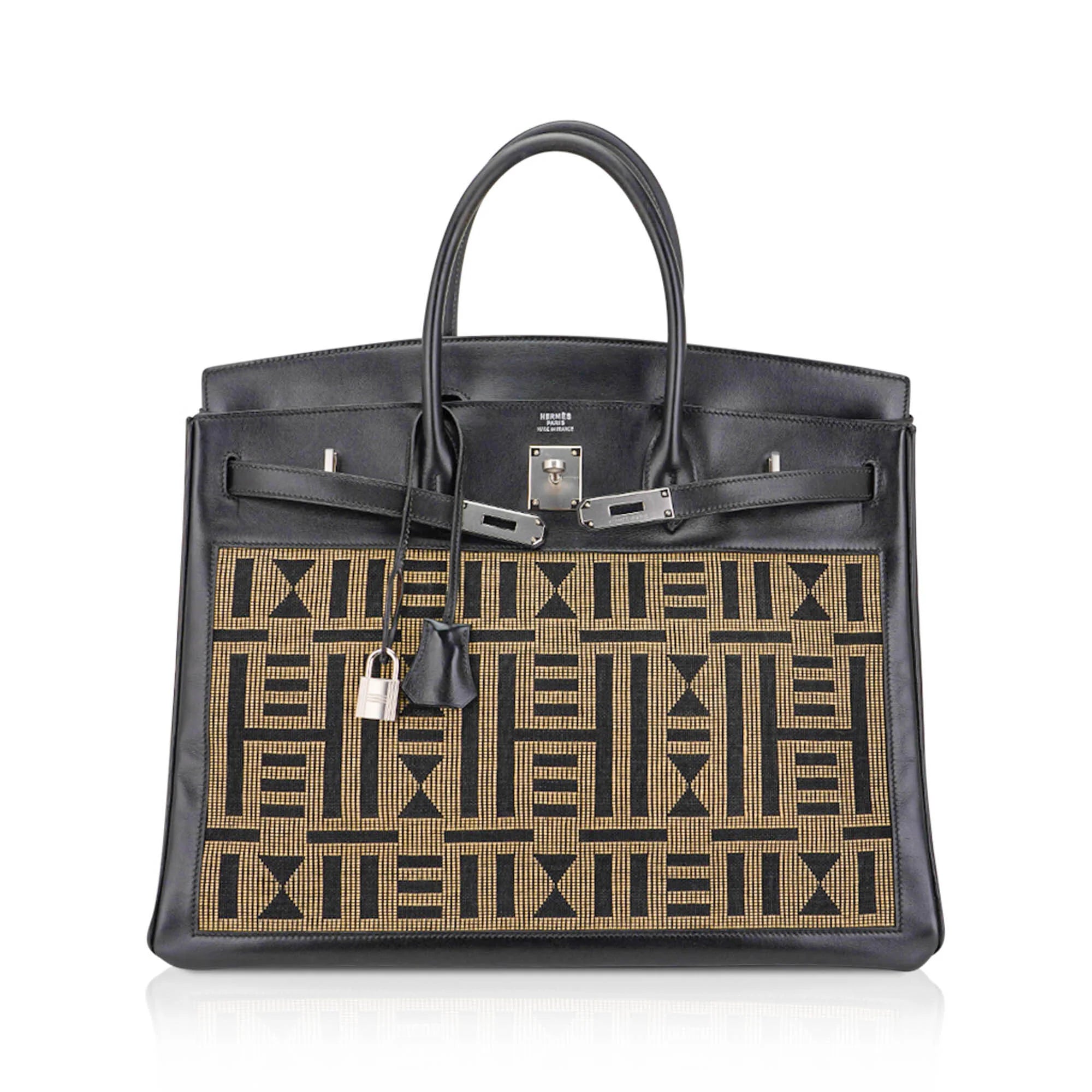 Limited Edition Vintage Horizons Birkin 40 Black Box Leather with Gold Embroidered Toile