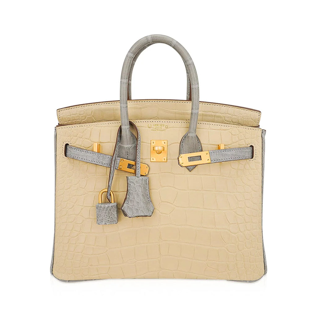 Special Order HSS Birkin 25 Bag in Matte Alligator Vanille and Gris Pearl Alligator with Brushed Gold Hardware
